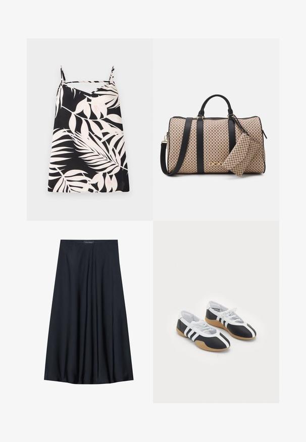 Mustat hihattomat yläosat, joissa on valkoinen lehtiprintti, V-päällystesuunnittelu ja ohuet olkaimet. Kangas on sileä. ; Mustat, polvipituiset hameet, jotka on valmistettu kevyestä kankaasta ja joissa on läpikuultava muotoilu. Ominaisuuksina sileä tekstuuri ja hienovaraiset laskokset lisäyksinä.; Musta-valkoiset urheilukengät, joissa on sulavalinjainen muotoilu, kumipohja, nauhakiinnitys ja kolme valkoista raitaa sivuilla.; Kantokassi, jossa on beige kuvioitu pinta, mustat nahkahihnat, kultaiset yksityiskohdat ja siihen kiinnitetty pieni yhteensopiva pussi. Rakenteellinen muotoilu.; Kulta-tone suorakulmainen rannekello, jossa on valkoinen kellotaulu, hopeanväriset tuntimerkit ja kestävä metallinen linkkiranneke. Mukana vedenkestävyysominaisuus.