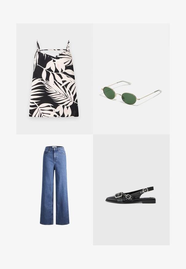 Srajica brez rokavov črne barve z belim listnatim palmovim potiskom, V-izrezom in tankimi naramnicami. Tkanina ima gladko teksturo.; Svijetloplave traper hlače širokih nogavica s visokim strukom, s dva prednja džepa i vidljivim šavovima. Ima kopčanje na gumb i zatvarač.; Črne usnjene slingback čevlje s koničastim nosom, dvema srebrnima zaponkama in nizkim blokastim peto. Imajo teksturirano zgornji del in odprto zadnjo stran.; Sončna očala z zlatim okvirjem, zelenimi ovalnimi lečami in tankimi kovinskimi ročaji. Imajo prozorne plastične konice na ročajih za udobje.