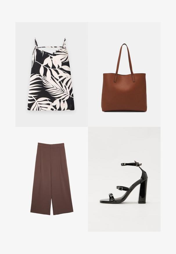 Ærmeløs sort top med hvidt palmeprint i bladform, v-hals design og tynde skulderstropper. Stoffet har en glat tekstur.; Brune bredbunde bukser med en glat tekstur, der har høj talje og plisseringer foran. Stoffet er let og falder løst.; Sorte patenterede hælsandaler med firkantet tå, ankelremme og sølvspænder. Har en chunky blokHæl for stabilitet.; Brun læder tote taske med en glat overflade, åben topdesign og to skulderremme. Har minimal syning og ingen synlig hardware.