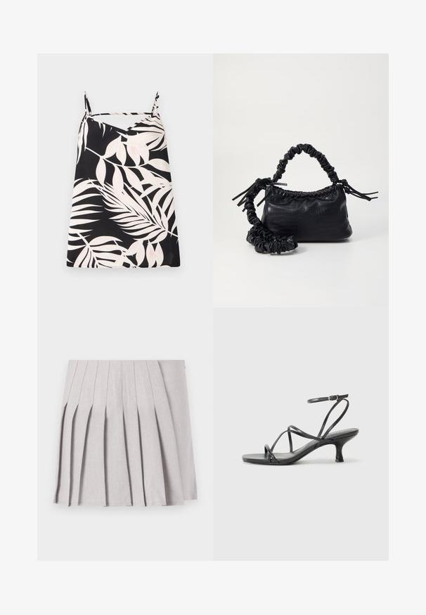 Černý top bez rukávů s bílým listovým potiskem palmy, ve tvaru v-dekoltu a tenkými ramínky. Tkanina má hladkou strukturu.; Šedá skládaná sukně s hladkým povrchem, se spoustou vertikálních skladů a přiléhavým pasem. Vyrobena z lehkého materiálu.; Černé sandály na podpatku s tenkými řemínky, otevřenou špičkou a malým, rozšířeným podpatkem. Materiál se zdá být hladký a lesklý.; Černá kabelka z umělé kůže s krokodýlím vzorem, staženým vrškem a zmačkaným popruhem. Zdá se, že má měkký a kompaktní design.