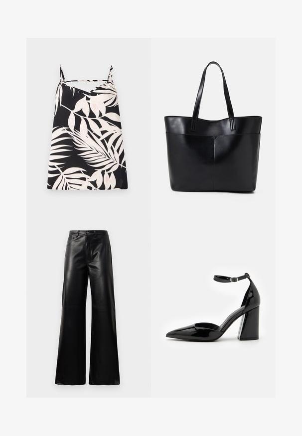Ermeløs svart topp med hvit palmeprint, v-halsdesign og tynne skulderstropper. Stoffet har en jevn tekstur.; Sorte høy midje vide ben bukser i imitert skinn med knapp foran, glidelås, beltehemper og sidelommer på hvit bakgrunn.; Sorte lakksko med høy hæl, spiss tå, ankelrem og bred blokk hæl for stabilitet, med en glatt og blank overflate.; Svart lær toteveske med to lange håndtak, en glatt tekstur og en strukturert form. Har en frontlomme for ekstra oppbevaring.