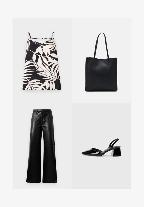 Moteriška juoda bliuskutė be rankovių, puošta baltais palmių lapų raštais, su V formos iškirpte ir plonomis petnešomis. Audinys turi lygią tekstūrą.; Juodos aukšto juosmens plačios kojų dirbtinės odos kelnės su priekiniais mygtukais, užtrauktuku, diržo kilpomis ir šoninėmis kišenėmis ant balto fono.; Juodos lakuotos odinės šlepetės su smailiu pirštu ir geometriniu bloko kulnu. Turi elegantišką, minimalistinį dizainą ir lygų paviršių.; Juodas odinis tote krepšys su lygia tekstūra, stačiakampio formos ir dviem ilgais rankenomis. Matomų metalinių detalių ar puošybos nėra.