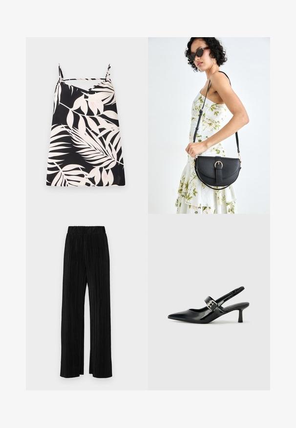 Varrukateta must topp, millel on valge lehtpalmimuster, V-kujuline lõige ja õhukesed õlapaelad. Kanga pind on sile.; Mustad pleekitud püksid elastse vöökohtaga. Omavad laiad jalad ja sujuvat, tekstureeritud kangast vertikaalsete triipudega.; Mustad patenteeritud nahast sildiga kontsad, millel on terav nina ja väike plokk-konts, mille rihmal on hõbedane pandla aksessuaar.; Mustmust mustraha kõverate joontega, eemaldatava rihmaga ja kuldsete detailidega. Kotil on klapp, millel on pandladetail.