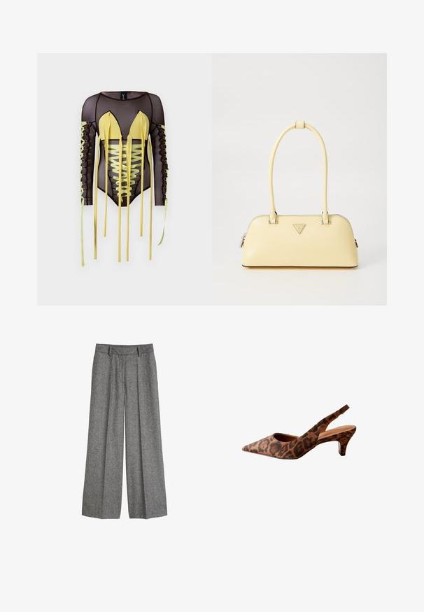 Schwarzer Netz-Bodysuit mit langen Ärmeln, der gelbe Akzente, einen tiefen V-Ausschnitt und Schnürdetails mit langen Bindebändern an den Seiten aufweist.; Grau wollene Weitbein-Hosen mit Gürtelschlaufen und vorderen Falten, entworfen für eine entspannte, maßgeschneiderte Passform.; Leopardenmuster Slingback-Absätze mit spitzer Zehe, niedrigem Absatz und glatter Textur. Verfügt über ein ausgeschnittenes Design an den Seiten und hinten.; Gelbe lackierte Lederhandtasche mit runder Form, einem einzelnen oberen Griff und einer silbernen Logo-Platte. Verfügt über einen Reißverschluss und eine glatte Textur.