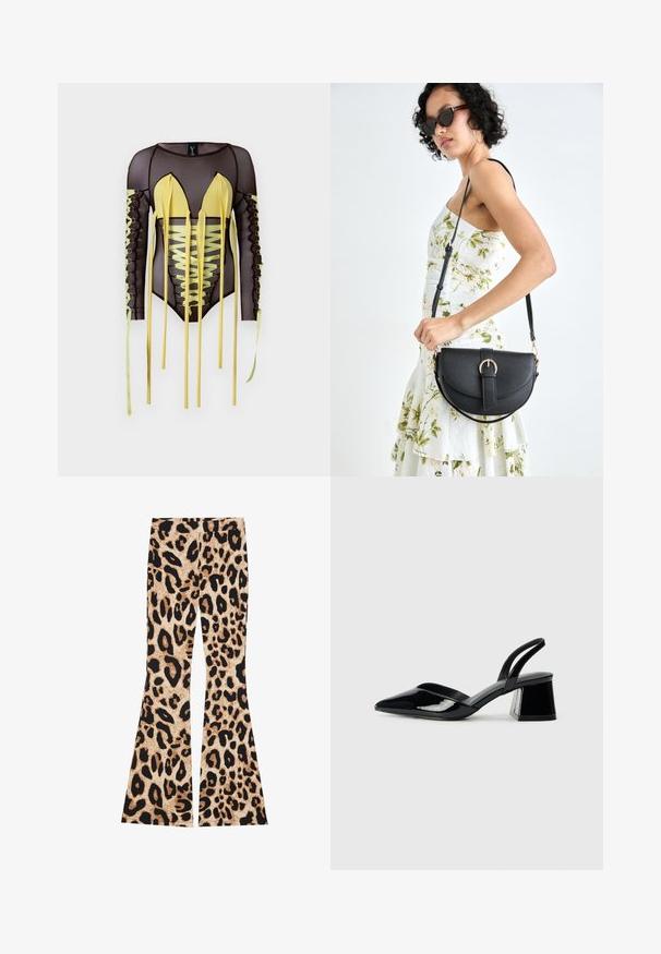 Body in rete nero con maniche lunghe, caratterizzato da dettagli gialli, una scollatura a V profonda e lacci decorativi con lunghe stringhe sui lati.; Pantaloni a zampa d'elefante con stampa leopardata, caratterizzati da una texture a coste, nei colori beige e nero, con motivi di macchie variabili su tutta la stoffa.; Décolleté in vernice nera con punta affusolata e tacco in geometria cubica. Presentano un design elegante e minimalista, con una texture liscia.; Borsa a tracolla nera in pelle con una forma curva, manico rimovibile e accessori dorati. La borsa presenta una patta con un dettaglio a fibbia.