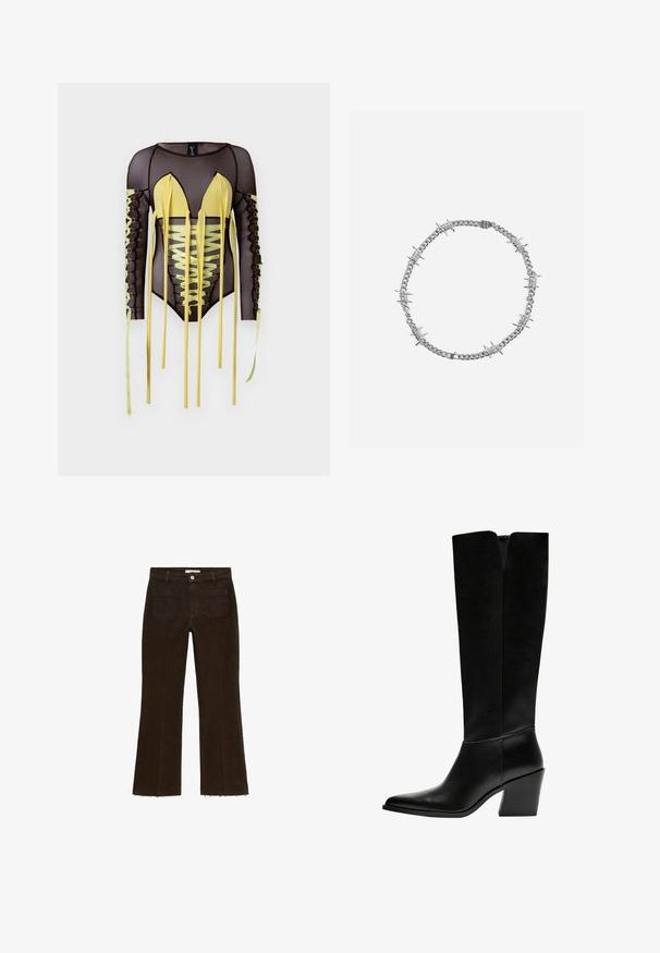 Musta verkkosukkahousuasu pitkillä hihoilla, jossa on keltaisia yksityiskohtia, syvä V-muotoinen kaula-aukko ja nauhakiinnitys pitkine nauhoineen sivuilla.; Ruske leve flare hlače z visokim pasom, ki vključujejo gumbasto zapiranje, dva zadnja žepa in raztrgane robove. Narejene iz denim materiala.; Mustat polvimittaiset saappaat, jotka on valmistettu sileästä nahasta. Saappaissa on terävä kärki, tukevat korko ja V-muotoinen leikkaus ylhäällä.; Hopeaketju, jossa on vuorotellen sileitä lenkkejä ja teksturoiduista sylinterimäisistä korostuksista koostuva rengasmainen rakenne.