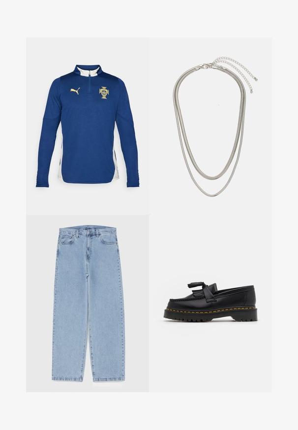 Puma PORTUGAL FPF TRAINING 1/4 ZIP TOP - Nacionalinės rinktinės apranga - persian blue/sugared almond; Šviesiai mėlyni džinsai su tiesiomis kojomis, turintys vidutinio aukščio juosmenį, penkias kišenes ir mygtuko bei užtrauktuko uždarymą.; Juodas odinis loaferis su kutais, turintis masyvų juodą pado ir geltonus siūlus palei kraštą. Textūruota danga.; Trijų sluoksnių sidabrinė metalinė apyrankė, kuri pasižymi stilingomis, lankstosiomis grandinėlėmis su švelniu blizgesiu, užsegama krabų užsegimu ir reguliuojama grandinė.