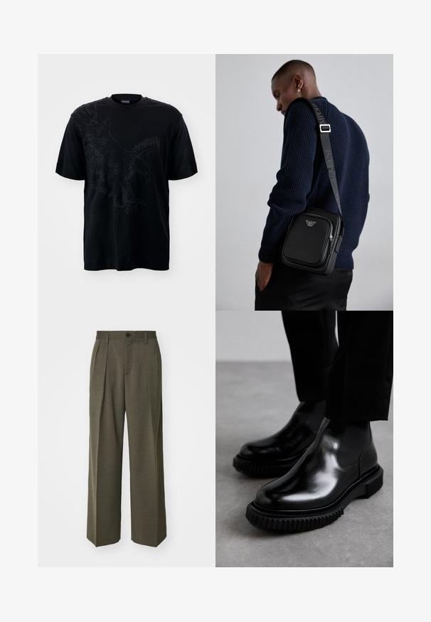 Emporio Armani Print T-shirt - nero; Filippa K WIDE TROUSERS - Trousers - driftwood; Black leather chelsea boots with a smooth finish, elastic side panels, and a thick, textured rubber sole featuring a rugged tread pattern.; Black leather crossbody bag with a zippered compartment, logo detail, and a branded adjustable strap. Worn against a textured navy sweater.