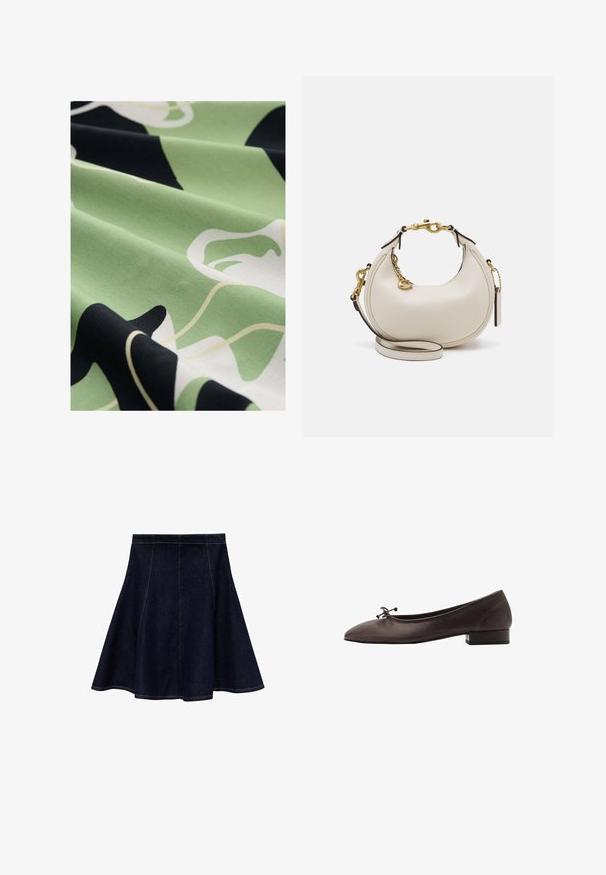 Mønstret stof i grøn, sort og hvid; glat tekstur; har abstrakte blomsterformer og flydende linjer for et distinkt design.; Denim A-line nederdel i mørkeblå med kontrasterende gul syning. Har en tætsiddende talje med flaret kant, glat tekstur og ingen udsmykninger.; Brune læder balletflade med rund tå og lille blokhæl. Har en tynd sløjfe foran og diskrete syningsdetaljer.; Creme læderhåndtaske med en halvmåneform, guldhardware, sorte accenter og en aftagelig Rem. Har en kædedetalje og mærke.