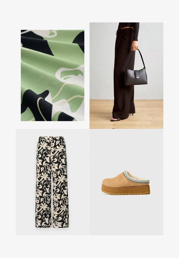 Patroonstof in groen, zwart en wit; gladde textuur; bevat abstracte bloemvormen en vloeiende lijnen voor een onderscheidend ontwerp.; Zwarte wijde broek met een crèmekleurig bloemenpatroon. Gemaakt van lichtgewicht stof, met een zachte textuur en een hoge tailleband.; Tan instapklomp met een textuur van suède, een zacht gevoerd interieur en een kleurrijke geweven accent rond de kraag. Dikke plateauzool.; Zwarte handtas met gestructureerde vorm, gladde textuur en een metalen sluiting. Gecombineerd met brede zwarte broeken en sandalen met open teen op een houten vloer.