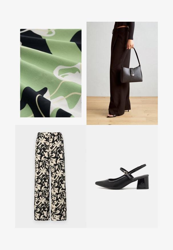 Vzorkovaná tkanina v zelených, čiernych a bielych odtieňoch; hladký povrch; obsahuje abstraktné kvetinové tvary a plynulé línie pre jedinečný dizajn.; Čierne nohavice s širokými nohavicami a krémovým kvetinovým vzorom. Vyrobené z ľahkej látky, s hladkou textúrou a vysokým pásom.; Čierne lakované kožené lodičky so slingback dizajnom, špicatou špičkou, zaobleným výrezom a blokovým podpätkom. Obsahuje akcent zlatého tónu s prackou.; Čierna kabelka so štruktúrovaným tvarom, hladkou textúrou a kovovou sponou. V kombinácii so širokými čiernymi nohavicami a sandálmi s otvorenou špičkou na drevenej podlahe.