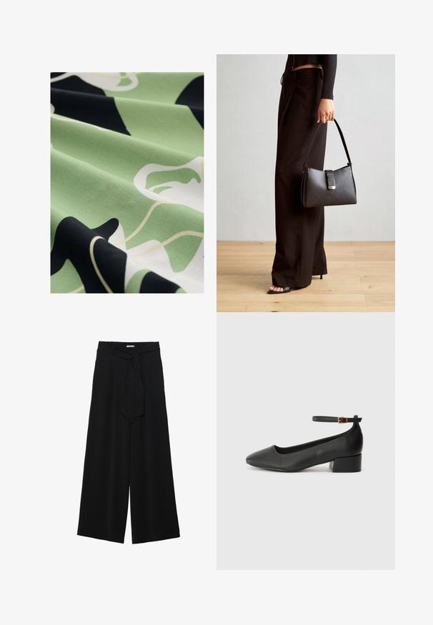 Potahová látka v zelené, černé a bílé; jemná textura; obsahuje abstraktní květinové tvary a plynulé linie pro jedinečný design.; Černé kalhoty s širokými nohavicemi, vyrobené z texturované tkaniny, s elastickým pasem a odnímatelným páskem na úpravu velikosti.; Černé kožené lodičky s špičatou špičkou a nízkým blokovým podpatkem. Obsahují pásek kolem kotníku se zlatou sponou. Hladký povrch.; Černá kabelka se strukturovaným tvarem, hladkým povrchem a kovovým uzávěrem. Kombinována s širokými černými kalhotami a sandály s otevřenou špičkou na dřevěné podlaze.