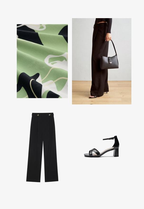 Gemusteter Stoff in Grün, Schwarz und Weiß; glatte Textur; zeigt abstrakte Blütenformen und fließende Linien für ein unverwechselbares Design.; Schwarze weite Hosen mit hoher Taille, Knopfdetails am Bund und vorderen Falten.; Schwarze offene Sandale mit Absatz, gekreuzten Riemen, verstellbarem Knöchelriemen und einem klobigen Absatz, ausgestattet mit einer glatten Ledertextur.; Schwarze Handtasche mit strukturierter Form, glatter Textur und einem metallischen Verschluss. Kombiniert mit weiten schwarzen Hosen und offenen Sandalen auf einem Holzboden.