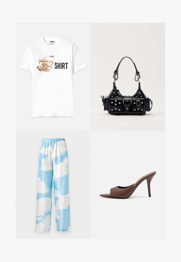 Fehér pamut póló, amelyen egy virágos teáscsésze grafikája látható teafilterrel, és a "SHIRT" szó vastag fekete betűkkel van feltüntetve.; Égkék nadrág felhőmintával, sima anyagból készült, rugalmas derékkal és széles lábakkal. Nincsenek látható zsebek vagy fém alkatrészek.; Barna bőr nyitott orrú magassarkú papucs, letisztult dizájnnal, széles elülső pánttal és karcsú stiletto sarokkal.; Fekete bőr kézitáska ívelt designnal, ezüst szegecsekkel, csattal és két oldalsó zsebbel. Állítható vállpánt a hordozási lehetőségekhez.