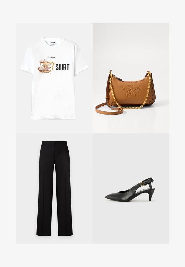 Bijela pamučna majica s grafikom cvjetne šalice čaja s kesicom čaja i riječju "MAJICA" u podebljanim crnim slovima.; Crne krojene hlače s ravnim nogavicama, koje imaju glatku teksturu, ravni pojas i bez vidljivih metalnih dijelova ili ukrasa.; Crna kožna slingback cipela s uskim prstom, malim potpeticom i kopčom na remenu oko članka. Glatka tekstura, minimalistički dizajn.; Smeđa kožna torba za rame s utisnutim logotipom, zlatnim lancem i kožnim trakama, zakrivljenog oblika, s dekorativnim naglascima sa strane.