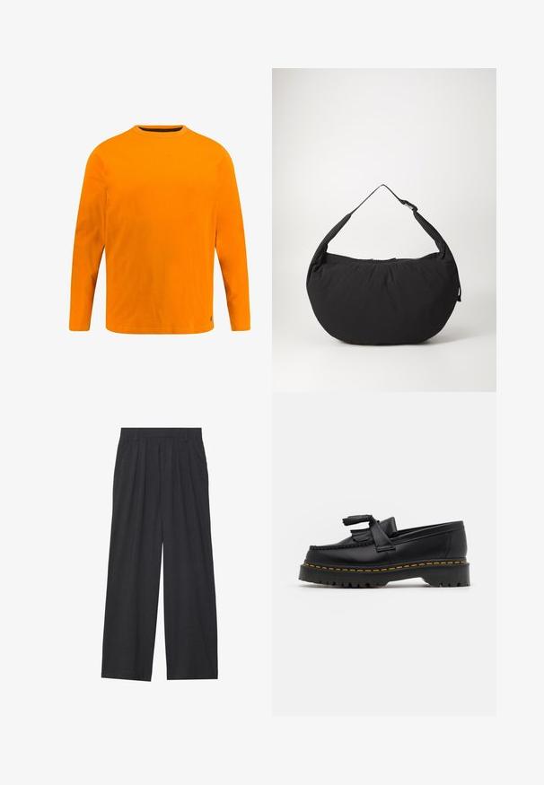 Langsleeve t-shirt van feloranje katoen, met een ronde hals, effen kleur en subtiele stiksels aan de zoom en mouwen.; Wijd-uitlopende broeken van donkergrijze stof. Kenmerken zijn plooien bij de taille, een tailor-made ontwerp en een rechte silhouet.; Zwarte leren loafers met een franjesaccent, voorzien van een dikke zwarte zool en gele stiksels langs de rand. Gevoelige afwerking.; Zwarte stoffen schoudertas met een gebogen vorm, voorzien van een enkele schouderband en een ritssluiting. Zachte textuur, minimalistisch ontwerp.