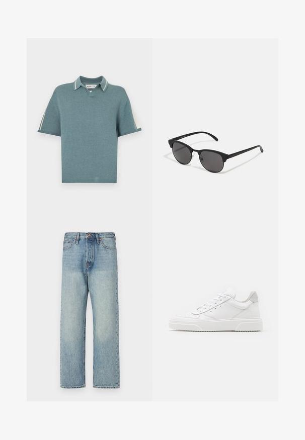 Polo stiliaus megztinis minkštos teal spalvos, su V formos iškirpte, trumpomis rankovėmis ir kontrastingais raštuotais apykaklės akcentais. Lygus paviršius visame megztinyje.; Šviesiai mėlynos džinsinės kelnės su tiesiu kirpimu, penkiomis kišenėmis ir variniais akcentais. Minimalus blukimas su švariu apdailos įvaizdžiu.; Balti odiniai sportbačiai su lygiu paviršiumi, apvaliu pirštu, plokščiomis raištelėmis ir struktūrizuota padu. Pilko zimšo akcentas ant kulno.; Juodos saulės akinių su apvaliais lęšiais, matinio paviršiaus ir išskirtinės katės akies formos. Šlauni rankenos su subtilia ženklinimo detale kairėje šventykloje.