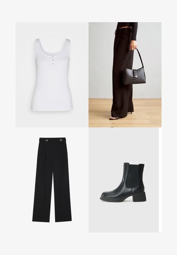 Top blanco de tirantes, confeccionado en tejido acanalado, con escote redondo y tres botones de presión metálicos en la parte delantera. Textura suave, forma ajustada.; Pantalones de pierna ancha negros con cintura alta, detalles de botones en la cinturilla y pliegues en la parte delantera.; Botín de cuero negro con paneles laterales elásticos, punta redondeada y un tacón bajo tipo bloque. La superficie tiene una textura suave y un diseño minimalista.; Bolso negro con forma estructurada, textura suave y un cierre metálico. Combinado con pantalones anchos negros y sandalias de dedo en un suelo de madera.