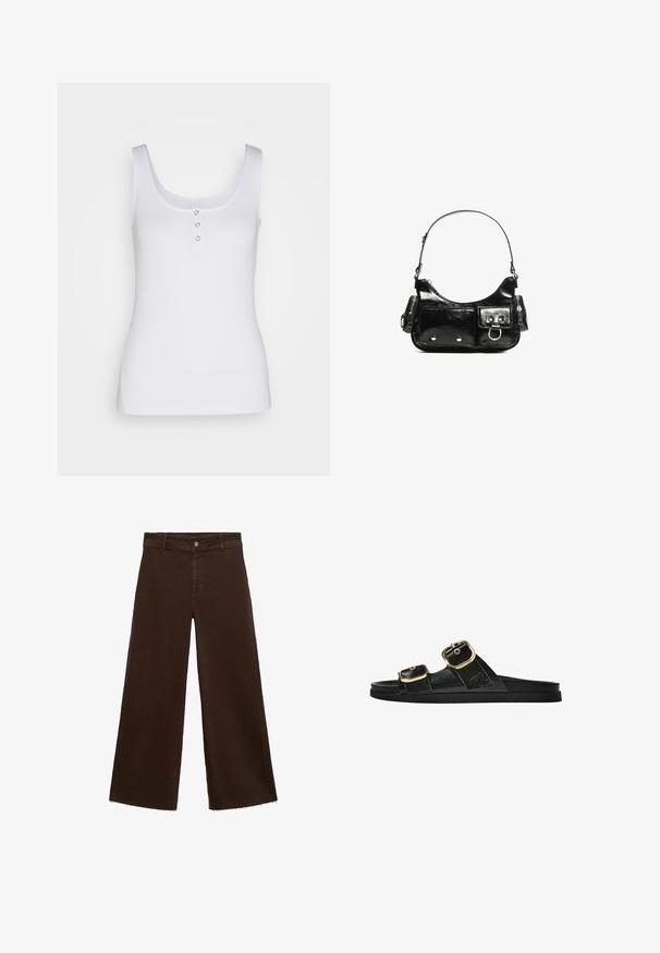 Vit ribbad linne med rundad halsringning och tre metallknappar framtill. Slät textur, åtsittande form.; Bruna breda byxor i bomullsblandning med fransar vid fållen, framknäppning och klassisk femfickdesign. Minimalistiska och mångsidiga.; Svart glidsandal med två guldfärgad spännen, slät textur av material, platt sula och en minimalistisk design.; Svart lackläderhandväska med en rundad form, en axelrem, framfickor och detaljer i silverfärg.