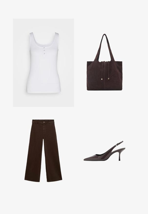 Witte tanktop gemaakt van geribbeld materiaal, met een ronde halslijn en drie metalen drukknoopjes aan de voorkant. Gladde textuur, getailleerde pasvorm.; Bruine wijde broek in katoenmix, met een rafelige zoom, sluiting met een knoop aan de voorkant en een klassieke vijf-pocketstijl. Minimalistisch en veelzijdig.; Puntige slingback hakken in donkerbruin lakleer, met een slanke hoge hak en een verstelbare enkelband met een gesp.; Mango Shopper - dark brown