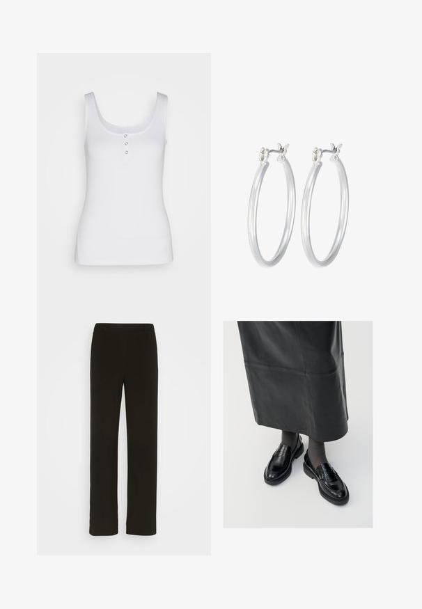 White tank top made of ribbed fabric, featuring a scoop neckline and three metallic snap buttons at the front. Smooth texture, fitted shape.; Black, straight-leg trousers made of woven fabric, featuring a flat front, two side pockets, and a smooth texture. No visible patterns or accents.; Black leather loafers with a smooth finish, featuring a decorative strap, round toe, and textured sole. Worn with a long black leather skirt.; Silver hoop earrings with a smooth, polished finish. Round shape and secure click-top closure. Lightweight design suitable for everyday wear.