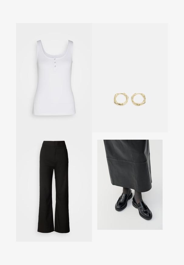 White tank top made of ribbed fabric, featuring a scoop neckline and three metallic snap buttons at the front. Smooth texture, fitted shape.; Black wide-leg trousers with a smooth texture, high waist, and a clean design. No visible pockets or embellishments.; Black leather loafers with a smooth finish, featuring a decorative strap, round toe, and textured sole. Worn with a long black leather skirt.; Gold hoop earrings with a textured, irregular shape. Features a seamless closure and a polished surface finish, emphasizing a modern design.