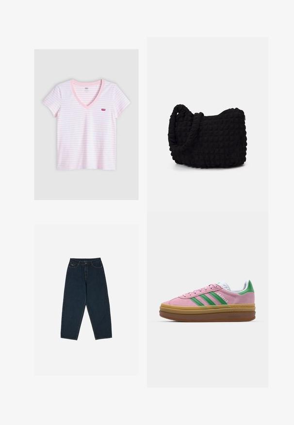 Ružovo-biele pruhované tričko s V-krkom vyrobené z jemnej bavlny, s krátkymi rukávmi a malým červeným logom Levi's na hrudi.; Tmavomodré džínsy s vysokým pásom a uvoľneným strihom, s piatimi vreckami a zapínaním na gombík. Vyrobené z denimu s hladkou textúrou.; Ružové semišové tenisky so zelenými pruhmi, bielymi akcentmi a hnedou gumovou podrážkou. Obsahujú textúrovanú tkaninu a logo na boku.; Čierna látková taška s textúrovaným, prešívaným vzorom. Zaoblený tvar, krátke, hrubé rúčky a mäkká, flexibilná konštrukcia.