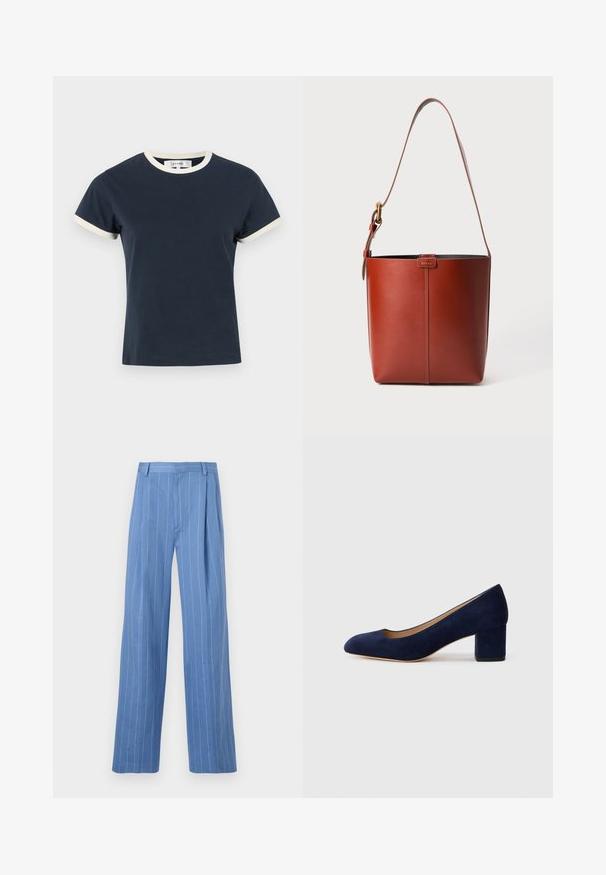 FRAME THE RINGER BABY TEE - T-Shirt basic - namu; Himmelblaue weite Hosen mit vertikalen weißen Streifen. Aus glattem Material gefertigt, mit einer vorderen Falte und einem schlichten Taillenbunddesign.; Marineblaue Wildleder-Pumps mit spitzem Zehenbereich und einem mittelhohen Blockabsatz. Glatte Textur mit einem subtilen Glanz und einem kleinen Ausschnitt an der Vorderseite.; Braune Leder-Eimer-Tasche mit verstellbarem Schultergurt und goldfarbener Schnalle, einfache vertikale Nahtdetails auf der Vorderseite.