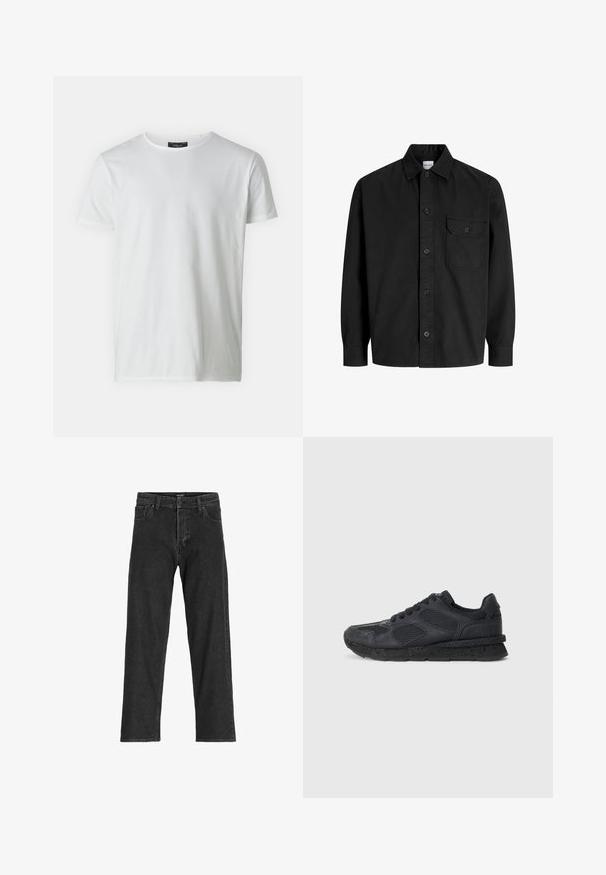 Vit kortärmad T-shirt med rund halsringning, tillverkad av bomull med en mjuk textur. Har en etikett vid kragen. Enkel, enfärgad design.; Svart långärmad skjorta med knappar, krage och en enda bröstficka med knäppt klaff.; Svarta denimjeans med rak passform, featuring dragkedja, bälteslöljer och sex fickor, tillverkade av en kraftig bomullsblandning.; Replay ARTHUR ATOM - Sneakers - black