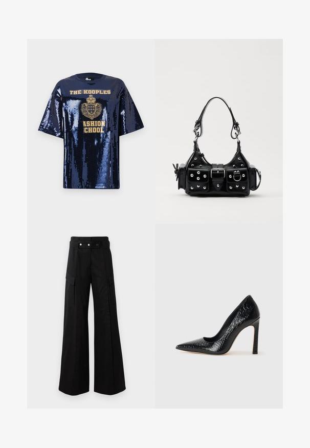 Oversized t-shirt i marinblått med paljetter, kort ärm, guld grafisk text och emblem, rund halsringning och blank yta.; Svarta vida byxor med hög midja, med stora sidofickor, två framknappar och en ögla. Tillverkade av kraftigt tyg.; Svart spetsig högklackad sko med krokodilskinnsstruktur, som har en elegant design, hög stilettklack och en slät svart innersula.; Svart läderhandväska med en kurvad design, prydd med silverfärgade nitar, ett spänne och två sidofickor. Justerbar rem för olika bäralternativ.