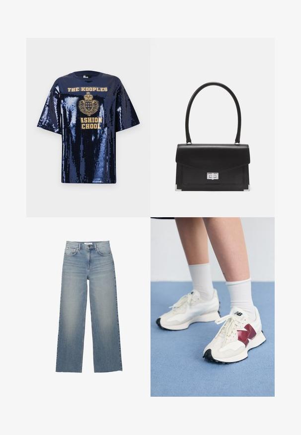 Námořnická modrá oversized tričko s krátkým rukávem, se zlatým grafickým textem a emblémem, kulatým výstřihem a lesklou texturou.; Světle modré široké džíny vyrobené z denimu, s vysokým pasem, předními kapsami a knoflíkovým zapínáním. Hladká textura se zeslabenými oblastmi.; Pár bílých tenisek s vínovými akcenty, texturovanými panely, plochou černou podrážkou a světlými tkaničkami, nošené s bílými kotníkovými ponožkami.; Černá kožená kabelka se strukturovaným designem, horním uchopěním a stříbrným zapínáním. Obsahuje rohové akcenty a hladký povrch.