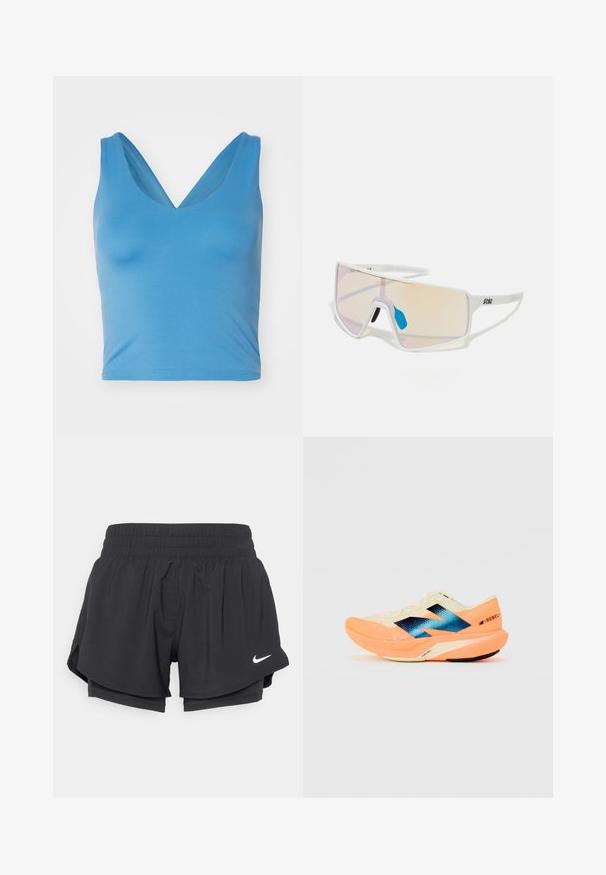 Girlfriend Collective FLOAT ZOE TANK CROSS BACK - Tops - surf; Melnas sporta šortus ar elastīgu jostasvietu, iekšējo oderi un sānu iedalījumiem. Iespējas: balts Nike logo kreisajā priekšpusē.; Skriešanas apavi ar vieglu krēmkrāsas augšdaļu, zilu zīmolu un oranžiem akcents uz zoles. Acu tekstūra gaisa caurlaidībai.; Balti rāmji saulesbrilles ar lieliem, gradienta lēcu toņiem, kas no rozā pakāpeniski pāriet gaisā oranžā krāsā, akcentētas ar zilu deguna daļu un logo detaļu.