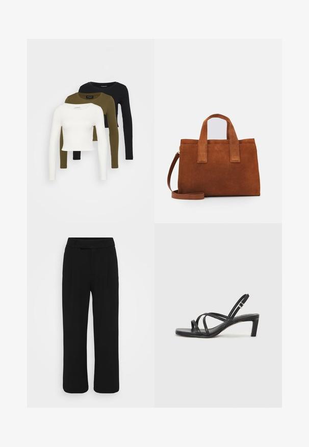 Even&Odd Petite 3 PACK - Hosszú ujjú felső - black/dark olive/blanc de blanc; Fekete, bőszárú nadrág sima anyagból, lapos elülső résszel, övhurkokkal és látható zsebek nélkül. Tiszta, igényesen szabott dizájn.; Fekete pántos szandál négyzetes orral és alacsony blokk sarkal. Több vékony pánttal és állítható boka pánttal rendelkezik. Sima bőrből készült.; Barna velúr kézitáska két felső fogantyúval és állítható vállpánttal. Struktúrált formával és minimalista dizájnnal rendelkezik.
