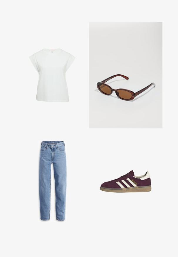 Weißes Baumwoll-T-Shirt mit kurzen, weiten Ärmeln, einem Rundhalsausschnitt und einem lockeren Schnitt. Glatte Textur und einfaches Design, ohne Muster oder Akzente.; Helle blaue Jeans aus Denim, mit entspannter Passform, geradem Bein, Fünf-Taschen-Design und ausgefransten Säumen für einen lässigen Look.; Bordeauxfarbene Wildledersneaker mit weißen drei Streifen und beigen Akzenten. Verfügt über eine strukturierte Gummisohle und goldene Markenlogo auf der Seite.; Runde, braun getönte Sonnenbrillen mit einem glänzenden burgunderfarbenen Rahmen. Schlanke Bügel mit dezentem Branding. Flaches Linsendesign.; Braune, geflochtene Lederhandtasche mit einer lässigen, dreieckigen Form. Verfügt über einen geflochtenen Griff und einen Reißverschluss an der Oberseite.