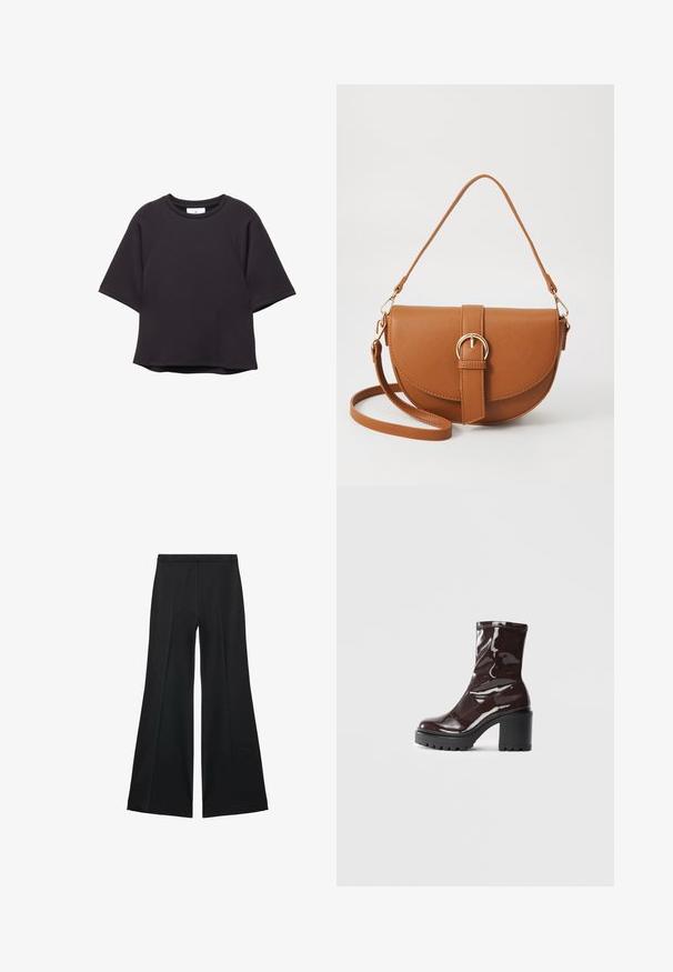 Svart kortärmad t-shirt med rund halsringning och raglanärmar, med en rak nederkant, uppställd mot en vit bakgrund.; Svarta vida byxor med en slät textur, med framfickor och skräddarsydd design. Tyget är lätt och flödande.; Glansig bordeauxfärgad ankelsko med en kraftig svart klack, som har en slät yta och enkel design. Inga synliga stängningar eller mönster.; Brun läder crossbody-väska med en böjd form, gyllene detaljer och en spänneaccent. Har en avtagbar axelrem.