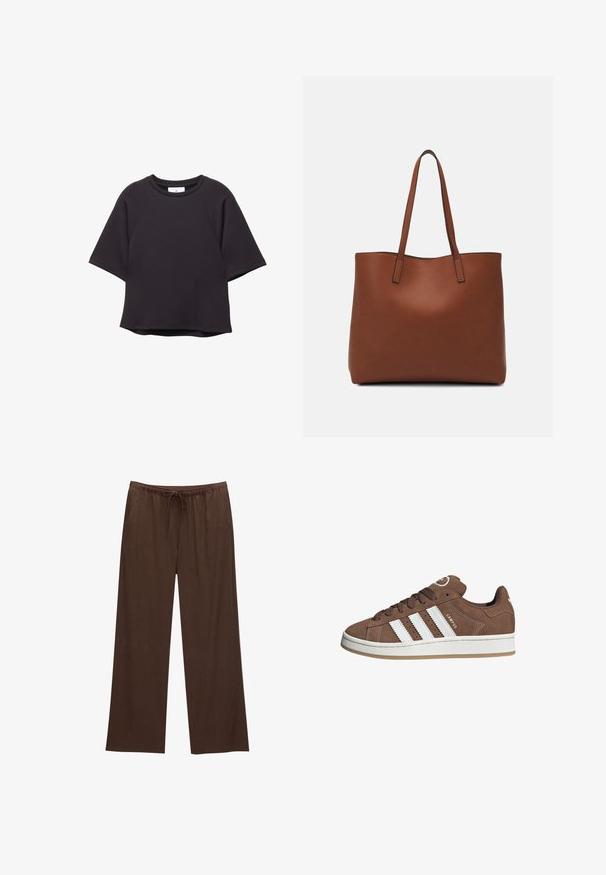 Sort T-shirt med korte ærmer og rund hals, med raglanærmer og lige kant, præsenteret på en hvid baggrund.; Brune brede bukser lavet af blød stof, med elastisk talje og snøre samt to sidelommer.; Brune ruskinds sneakers med hvide læderstriber, gummisål, rund tå og snørebåndsfront. Har et logo på tungen og perforerede detaljer.; Brun læder tote taske med en glat overflade, åben topdesign og to skulderremme. Har minimal syning og ingen synlig hardware.