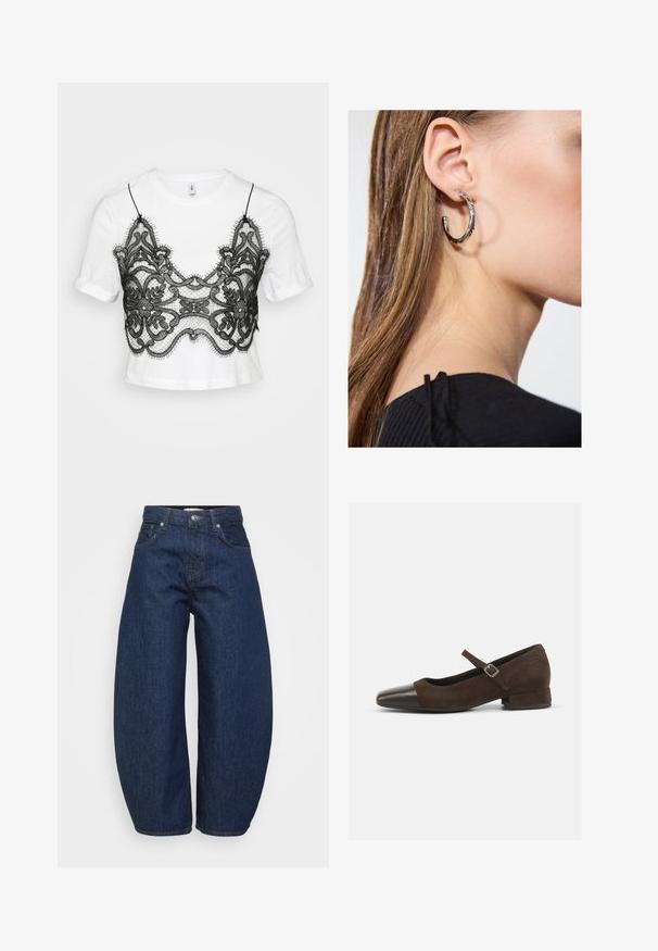 White short-sleeve t-shirt featuring a black lace overlay with floral patterns and scalloped edges, creating a layered aesthetic.; High-waist dark blue denim jeans with wide legs, front button and zipper closure, and classic five-pocket design.; Brown suede Mary Jane shoe with a black patent leather toe cap, adjustable strap, and a low block heel. Smooth texture with minimal accents.; Silver hoop earring with a polished finish, featuring small gold accent details and a round shape, worn on the lobe.