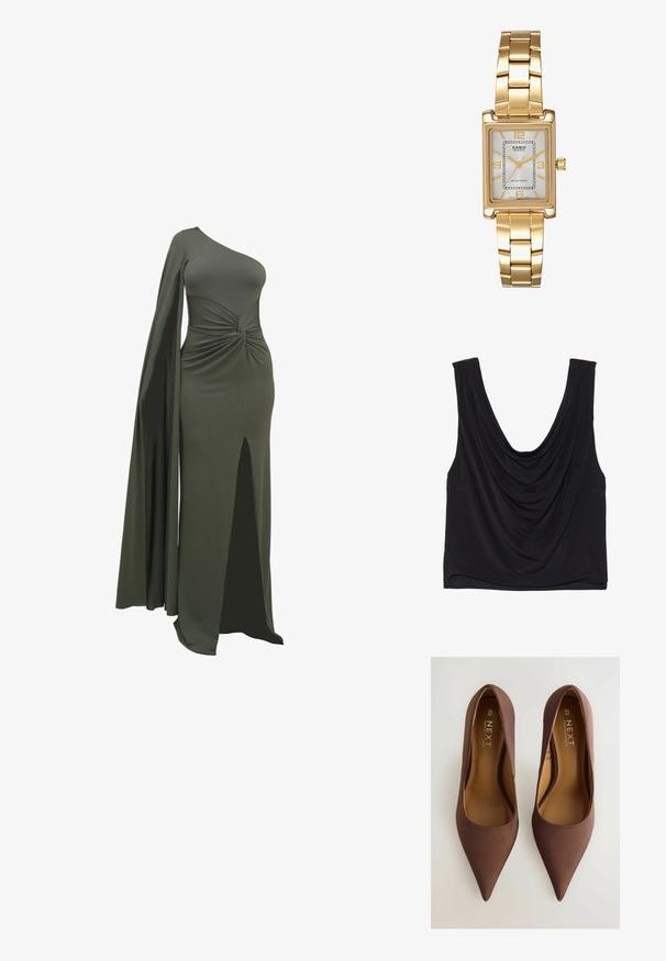 Musteline musta pluus ilma varrukateta, millel on sügava lõikega kaelus ja volditud detailid. Valmistatud pehmest, venivast materjalist, millel on sile tekstuur. Nähtavat riistvara pole.; Roheline, ühekerega kleit, mis on valmistatud siledast ja venivast kangast. Sellel on keeratud detail vöökohal ja reie kõrgune lõhik ühel küljel.; Pruunist satiinist teravaotsega kontsad, millel on sile pind, madala lõikega vamp ja tagasihoidlik brändimine sisetallal. Suurus 6½ (40).; Musta nahkne õlavöökott, millel on kortsuline tekstuur, kuldne kettaktsent ja silmapaistev kuldne klapp, millel on ovaalne logo. Reguleeritav õlavööt.; Kuldtooni ristkülikukujuline käekell valge puidust näidikuga, hõbedaste tundide markeritega ja vastupidava metallist link-ribaga. Veekindel omadus on kaasas.