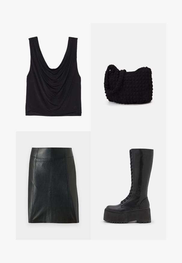 Schwarzes ärmelloses Oberteil mit tiefem Rundhalsausschnitt und drapierten Details. Hergestellt aus weichem, dehnbarem Stoff mit glatter Textur. Keine sichtbaren Beschläge.; Schwarzer Lederrock mit taillierter Passform. Glatte Textur, Nähte, die die Form betonen, und ein gerader Saum. Minimalistische und elegante Optik.; Zign LEATHER - Schnürstiefel - black; Schwarze Stofftasche mit einer strukturierten, gesteppten Oberfläche. Abgerundete Form, kurze, dicke Griffe und eine weiche, flexible Struktur.