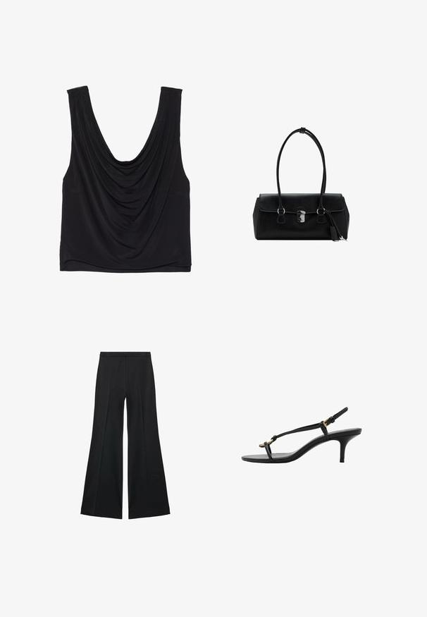 Top nero senza maniche con scollatura profonda e dettagli drappeggiati. Realizzato in tessuto morbido ed elastico con una consistenza liscia. Nessun hardware visibile.; Pantaloni neri a gamba larga con una texture liscia, caratterizzati da pieghe frontali e un design sartoriale. Il tessuto è leggero e fluido.; Sandal con zeppa kitten nera in pelle, con sottili cinturini, fibbia dorata e una minimalista fascetta per le dita su sfondo bianco.; Borsa a mano in pelle nera con una texture liscia, design strutturato, doppi manici e un dettaglio clasp in argento al centro.