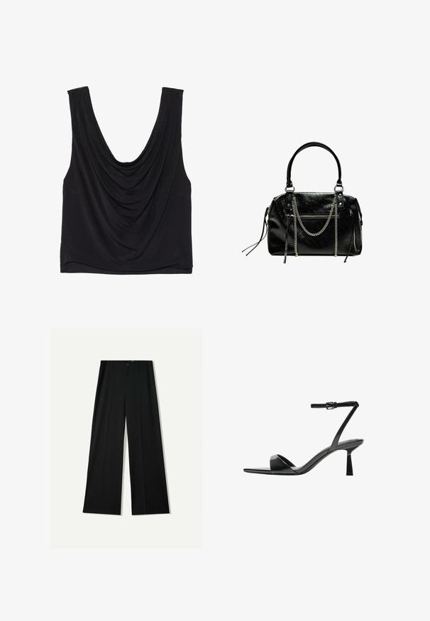 Schwarzes ärmelloses Oberteil mit tiefem Rundhalsausschnitt und drapierten Details. Hergestellt aus weichem, dehnbarem Stoff mit glatter Textur. Keine sichtbaren Beschläge.; Bershka WIDE - Stoffhose - black; Bershka High Heel Sandalette - black; Bershka WITH CHAIN - Handtasche - black