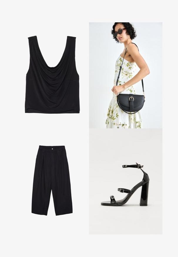 Czarny bezrękawnik z głębokim dekoltem i drapowanym wykończeniem. Wykonany z miękkiego, elastycznego materiału o gładkiej strukturze. Bez widocznych elementów metalowych.; Czarne spodnie culotte z poliestru z elastycznym pasem, dwoma fałdami z przodu i luźnym krojem. Brak widocznych wzorów lub elementów metalowych.; Czarne lakierowane sandały na obcasie z kwadratowym noskiem, z paskami wokół kostki i srebrnymi klamrami. Posiadają masywny słupek dla stabilności.; Czarna skórzana torebka o zakrzywionym kształcie, z odpinanym paskiem i złotymi akcentami. Torebka posiada klapę z zapięciem w kształcie klamry.