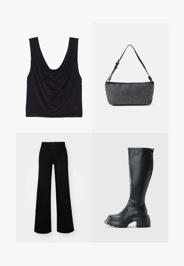 Musteline musta pluus ilma varrukateta, millel on sügava lõikega kaelus ja volditud detailid. Valmistatud pehmest, venivast materjalist, millel on sile tekstuur. Nähtavat riistvara pole.; Mustad mustad püksid, mis on valmistatud denimist, struktuurse vöökohtade, vöökootidega ja esikottidega. Sile tekstuur klassikalise disainiga.; Kõrge must nahksaapad, millel on massiivne platvormi tald ja blokk-kand, varustatud tõmbenööriga ja tekstuuriga väljatõmbejääk.; Tumesinise kangaga käekott, millel on tekstureeritud hõbedaste nupudega disain, ühekordne reguleeritav must rihm ja ristküliku kuju.
