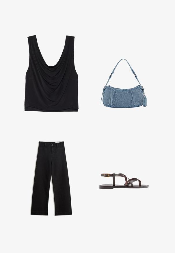 Black sleeveless top with a deep scoop neckline and draped detailing. Made of soft, stretchy fabric with a smooth texture. No visible hardware.; Black wide-leg denim pants with a high waist, featuring front and back pockets, stitched seams, and a button closure. Smooth texture.; Brown leather sandal featuring crisscross straps, an ankle buckle closure, and a flat sole with minimal stitching details.; Denim handbag with a curved shape, light blue color, adjustable shoulder strap, and a small detachable pouch with metallic accents.