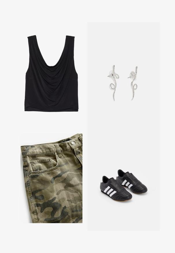 Schwarzes ärmelloses Oberteil mit tiefem Rundhalsausschnitt und drapierten Details. Hergestellt aus weichem, dehnbarem Stoff mit glatter Textur. Keine sichtbaren Beschläge.; Next Jeans Shorts - camo print; Schwarze Fußballschuhe mit einem strukturierten Lederoberteil, ausgestattet mit einer gepolsterten Vorderseite, drei weißen Streifen an den Seiten und einer Gummisohle.; Schlichtes, silbernes Twisted-Ohrschmuckdesign mit zarten Kurven, das kleine klare Strasssteine entlang der Oberfläche zeigt. Mit Clip-Verschluss für sicheren Halt.