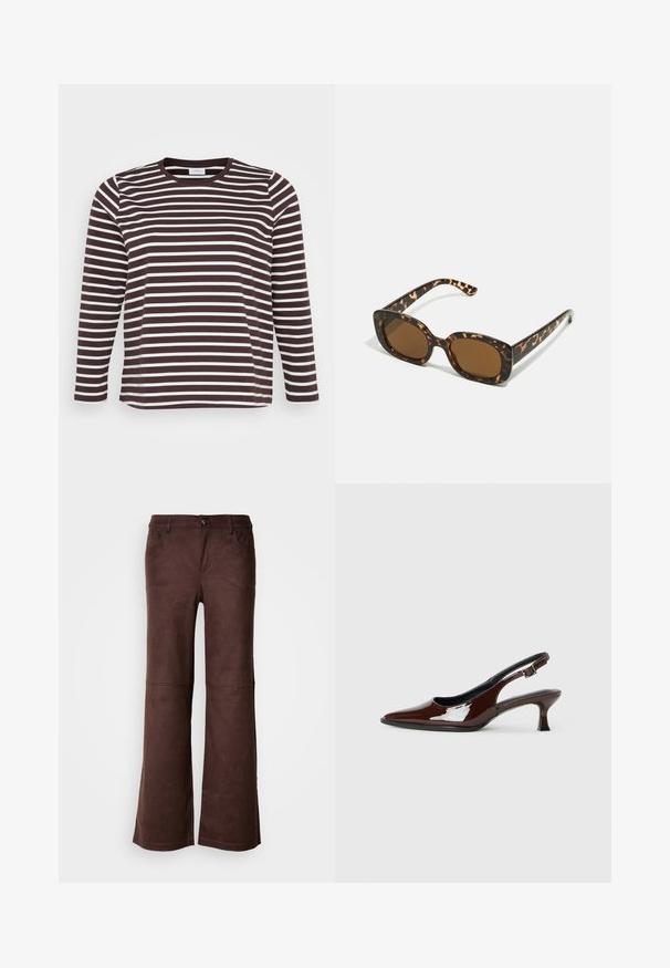 Dlouhý rukáv košile s horizontálními hnědými a bílými pruhy, kulatým výstřihem a jemnou, hladkou texturou.; Hnědé rozšířené kalhoty z jemné, semišové látky. Obsahují čtyři kapsy, zapínání na knoflík a hladký, texturovaný povrch.; Hnědé lakované kožené slingback boty s špičatou špičkou a mírným podpatkem. Disponují přezkou pro bezpečné upevnění. Hladký povrch.; Sluneční brýle ve skořápce želvy s kulatým, širokým rámem a hnědými čočkami. Mají jemné vzory a rovné, zúžené stranice.