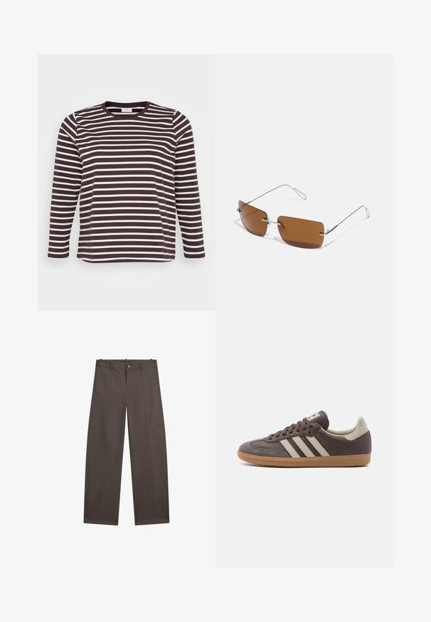 Long-sleeved shirt featuring horizontal brown and white stripes, round neckline, and a soft, smooth texture.; Wide-leg trousers in dark brown fabric. Features a button closure, two front pockets, and a smooth texture with clean seams.; Brown leather sneaker with three light-colored stripes, rubber gum sole, rounded toe, and textured suede accents on the heel and toe.; Brown rectangular sunglasses with thin silver wire frames and nose bridge supports. Lenses are flat and slightly tinted.