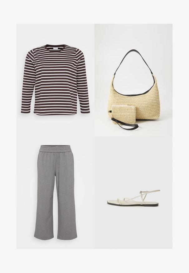Długosleeve'owa koszula w poziome brązowe i białe paski, z okrągłym dekoltem i miękką, gładką fakturą.; Szare, szerokie spodnie wykonane z teksturowanej tkaniny z elastycznym pasem. Oferują subtelny wzór, nie mają kieszeni ani zapięć.; Beżowe płaskie sandały z wieloma cienkimi paskami i regulowanym zapięciem. Podeszwa jest płaska z delikatnym ciemnym kontrastem na krawędzi.; Woven straw handbag o zaokrąglonym kształcie, z gładkim czarnym skórzanym paskiem oraz dopasowaną małą sakiewką przypiętą na pasku na nadgarstek.