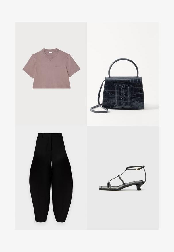 Gekürztes T-Shirt in dunstigem Mauve, aus weichem Stoff. Mit Rundhalsausschnitt, kurzen Ärmeln und einem dezenten Logo, das auf der Vorderseite gedruckt ist.; Schwarze weit geschnittene Hose mit hoher Taille, gefaltetem Vorderteil und schmal zulaufenden Knöcheln. Hergestellt aus glattem Stoff mit matter Oberfläche.; Schwarze Ledersandale mit quadratischer Zehenpartie, dünnen Riemen, verstellbarem Knöchelriemen und einem niedrigen Absatz. Mit einem kleinen goldenen Akzent am Riemen.; Schwarze Handtasche aus Krokodilprägung mit strukturiertem Design, Oberhandgriff, verstellbarem Tragegurt und einem auffälligen Logo-Detail auf der Vorderseite.