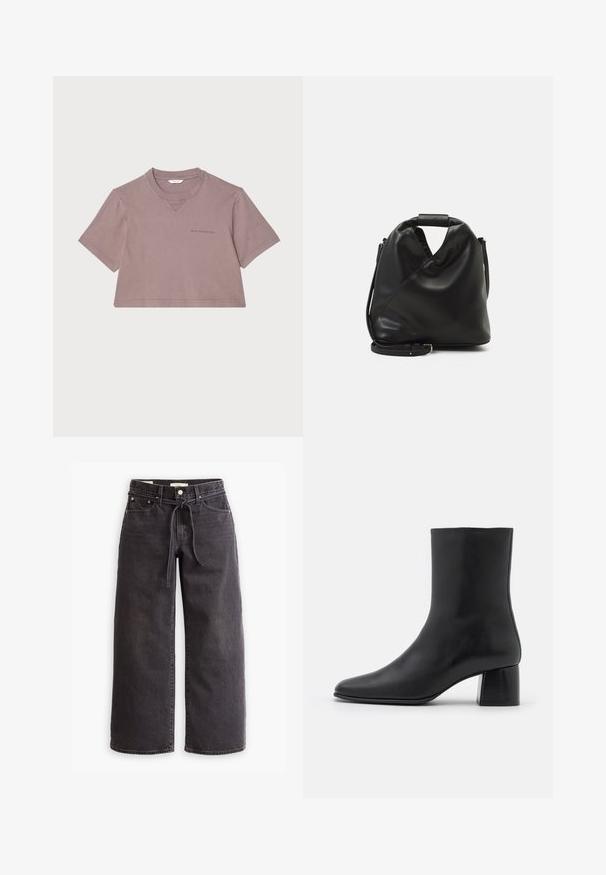 Trumpas marškinėliai dulkėtai mauve spalvos, pagaminti iš švelnios medžiagos. Suapvalintas kaklas, trumpi rankoviai ir diskretus logotipas spausdintas priekyje.; Juodos plačios kojos džinsai, pagaminti iš džinsinio audinio, su virvute liemens vietoje, penkiais kišenėmis ir kontrastingais siūlų akcentais. Lygus priekis.; Juodas odinis kulkšninis botas su smailiu pirštu ir masyviu kvadratiniu kulnu. Lygus paviršius be siūlių ir minimalizmu išsiskiriantis dizainas.; Juodas, minkštas odinis krepšys su unikaliu išsuktiniu dizainu. Yra trumpas rankenas ir nuimamas peties diržas. Minimalistinis stilius.